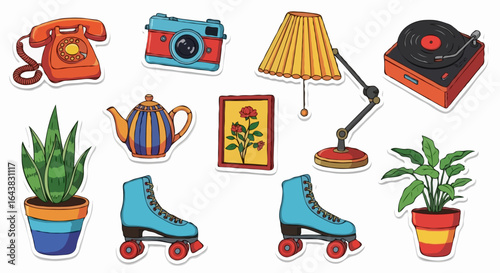 Set of colorful cartoon stickers featuring various retro and vintage household items