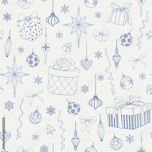 Christmas Vintage seamless pattern with gifts, star, toys, bows, bells, snowflakes, ribbon. Blue beige. Hand drawn Linear vector background for design package, holiday decor, new year, wrapping paper