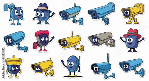Set of cute cartoon security camera characters with expressive faces and poses in a colorful sticker style