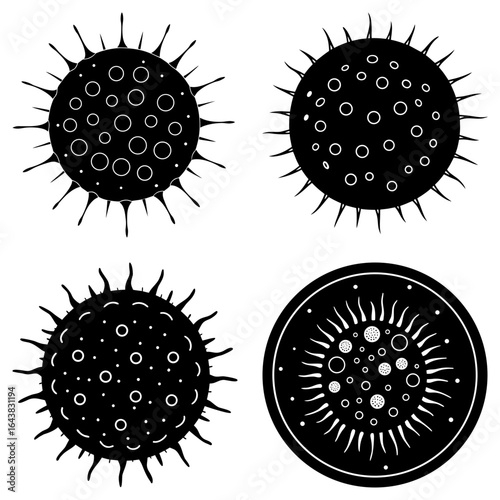 Four stylized black and white virus illustrations with circular bodies and spike like projections arranged neatly