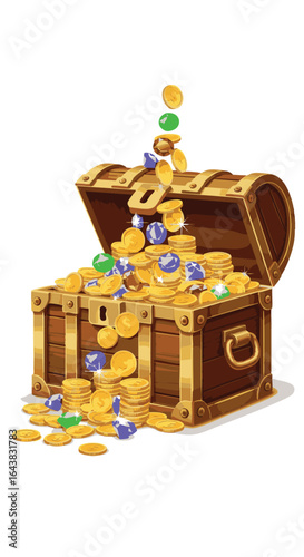 Overflowing Treasure Chest Filled with Gold Coins and Gems