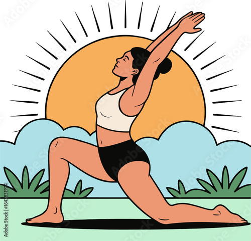 Woman in yoga pose outdoors with sun and clouds in background practicing wellness and flexibility exercise