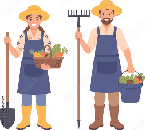 Smiling Male and Female Gardeners with Harvesting Tools and Fresh Produce on White Background
