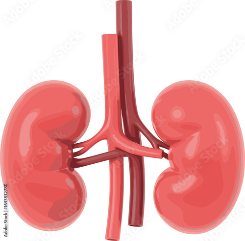 Human kidneys anatomy illustration, detailed pair of kidneys with renal arteries and veins, urinary system organs, medical diagram, healthy kidneys, internal 