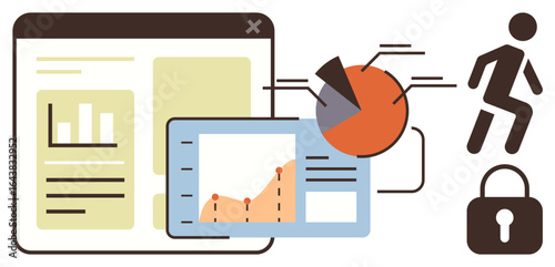 Charts, graphs, and figures on screens with user activity icon and secure lock. Ideal for analytics, data tracking, research, technology, security productivity user behavior. Simple flat metaphor