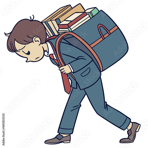 Tired Businessman Carrying Heavy Bag of Books – Stress and Workload Concept Illustration
