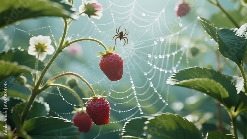 A spiderweb adorned with dewdrops is woven among strawberry plants, with a small spider nearby. It highlights the ecosystem, nature's magic, and beauty in details.