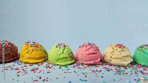 Set of scoops ice cream of pistachio, chocolate, vanilla, mint, mango and berry with decorated sprinkles on blue background, copy space, motion