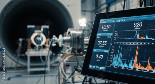 Digital instrumentation panel displaying pressure and temperature readings during live hypersonic wind tunnel testing of scramjet components.