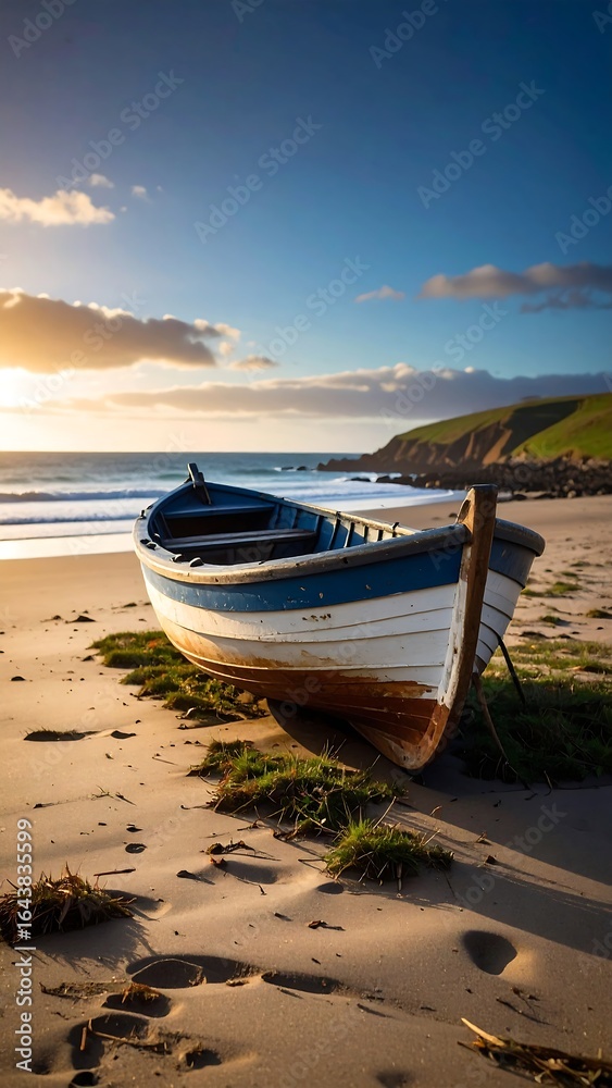 Obraz premium Wooden boat on beach sunset seascape