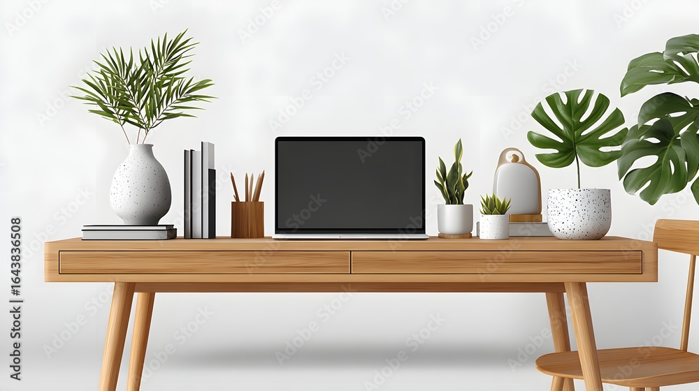 Obraz premium Minimalist Workspace with Laptop and Indoor Plants on Wooden Desk Against a Neutral Background