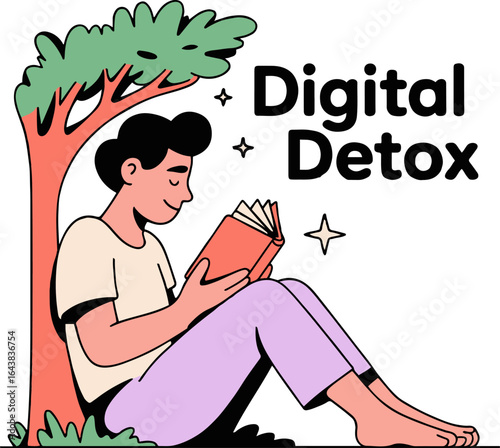 A person reading a book under a tree next to digital detox text in a flat vector illustration