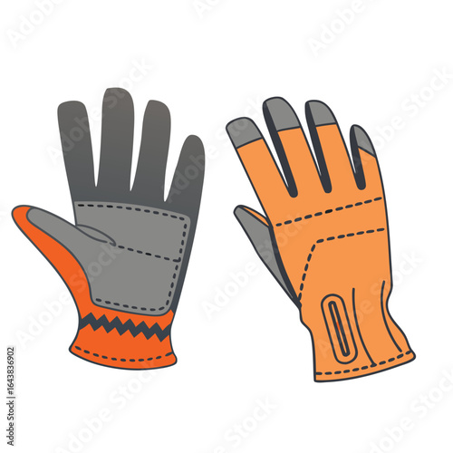 Orange and grey gloves with stitched details stitching fingerless