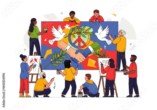 Group of people painting a peace mural with doves and hands suitable for promoting unity, peace movements, social activism projects.