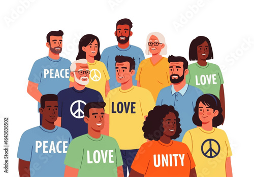 Diverse group harmoniously wears love, peace, and unity shirts. Suitable for promoting inclusion, diversity, and social harmony in various designs.