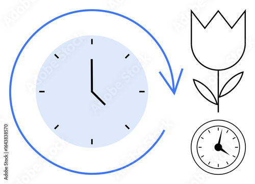 Clock face with circular arrow symbolizing time, growth, or renewal minimalist flower for nature or life. Ideal for productivity, growth, time tracking, planning, mindfulness, ecology
