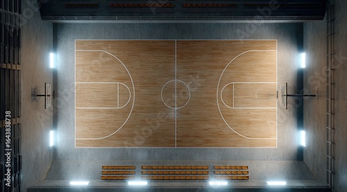 Overhead view of an empty, dimly lit indoor basketball court with bleachers, showing the court markings clearly