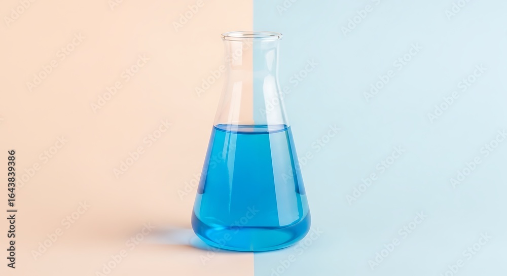 Minimalist chemical conical flask containing bright blue liquid against split pastel background Minimalist chemical conical flask containing bright blue liquid against split pastel background