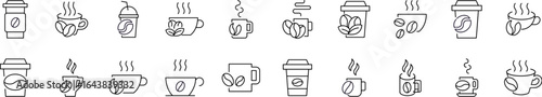 Collection of Coffee Related Line Icons. Cup with Coffee Bean Outline Signs for Graphic and Web Design, Apps, Adverts, Various Cards