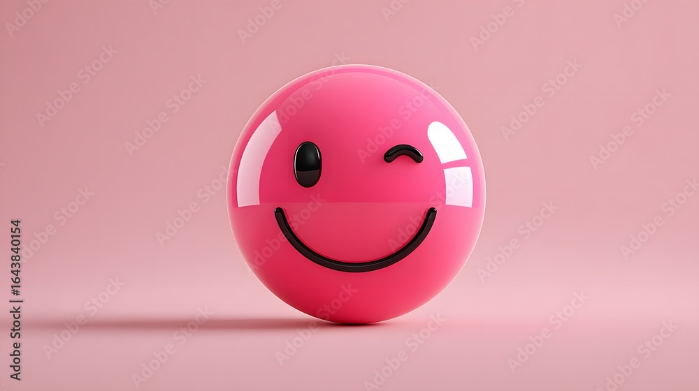 Fototapeta premium Glossy Pink Smiley Face With A Winking Eye On A Soft Pink Background
