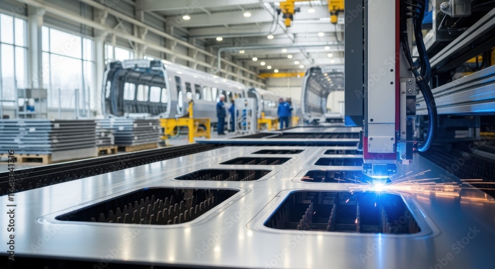 Fototapeta premium Early manufacturing phase showing raw metal sheets being laser cut for precision parts of highspeed train car bodies.