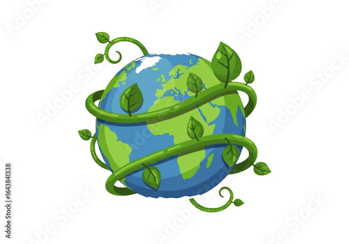 Earth embraced by lush green vines and leaves, symbolizing growth, nature, and sustainability. Suitable for environmental designs and concepts.