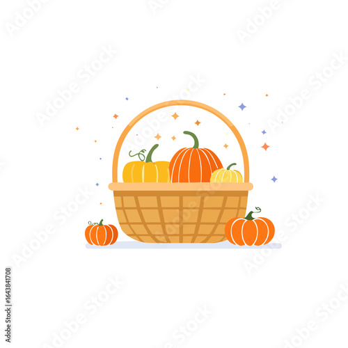 Flat minimalism vector illustration of a Thanksgiving basket of assorted pumpkins