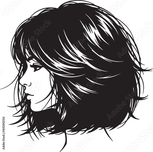Vector art profile of a stylish woman with a short shaggy haircut and bangs.