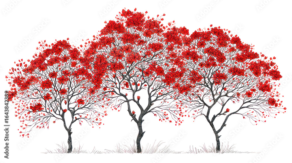 Fototapeta premium Hand-drawn group of 3 Gulmohar trees with bright red blossoms on transparent background