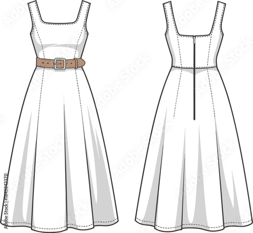 Elegant white dress, front and back view, sleeveless design, belt detail, summer fashion, sewing pattern, vector illustration, cad drawing