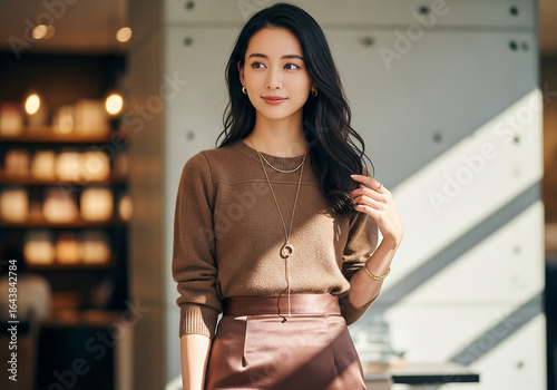 光差し込むカフェに佇む魅力的な女性モデルのブラウンの同系色の秋コーデ（ワントーンコーディネート）