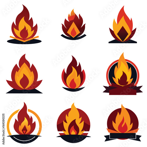Collection of nine different style fire or bonfire vector logo icons