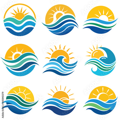 Collection of Colorful Sun and Wave Logos for Beachfront Property or Business