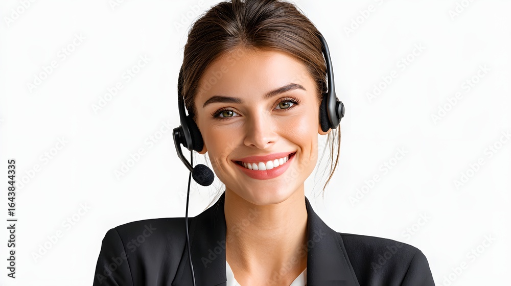 Smiling Young Woman Wearing Headset in Professional Attire for Customer Service Engagement Smiling Young Woman Wearing Headset in Professional Attire for Customer Service Engagement