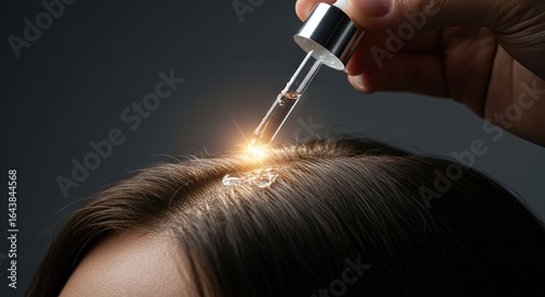A hand holds a dropper applying a golden liquid to dark hair with a gray backdrop
