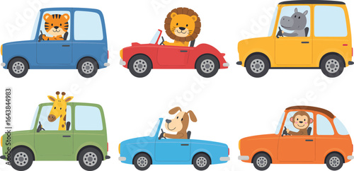 Joyful Cartoon Animals on a Road Trip in Colorful Vehicles, Driving Fun and Adventure Illustration