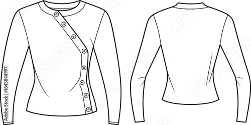 Stylish asymmetrical button-up cardigan, women's fashion sweater, CAD drawing, flat vector illustration, garment design, apparel, clothing, Adobe Stock
