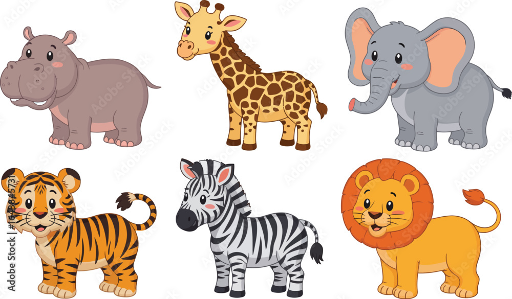 Obraz premium African Wildlife Cartoon Animals Set Hippopotamus, Giraffe, Elephant, Tiger