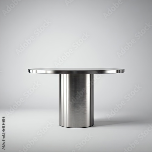 Sleek, round, stainless steel table with a cylindrical pedestal base, isolated on a light grey background