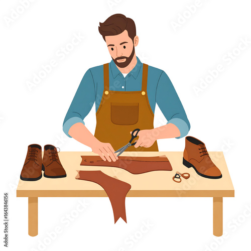 A craftsman meticulously cutting leather with scissors to create footwear on a wooden table.