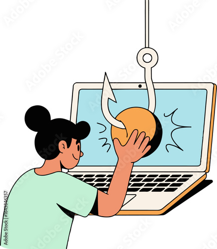 A woman reaching for a ball on a laptop screen with a fishing hook above it in a digital illustration