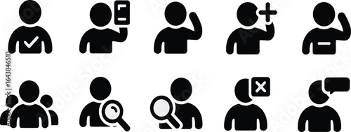 Collection of black icons representing people, including verification and search symbols