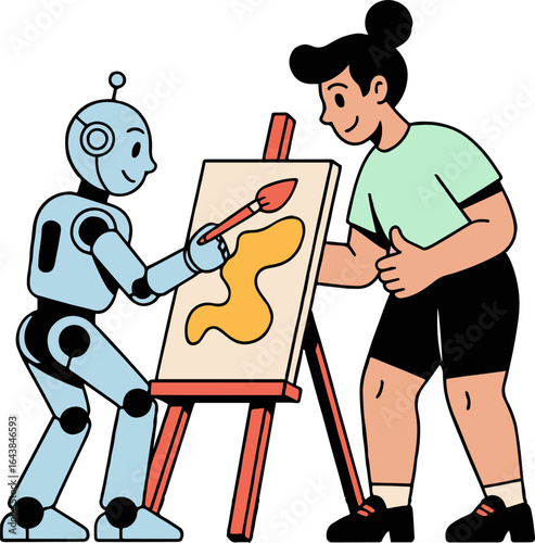 A robot painting on a canvas with a human standing behind it giving encouragement and support to the robot