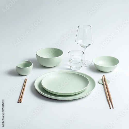 Pale green matte dinnerware set, including plates, bowls, chopsticks, glass, and wineglass, arranged on a light background