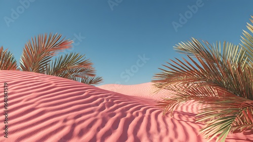 Pink desert dunes with palm trees against a clear blue sky.