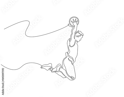 Basketball dunk continuous line. Continuous one line drawing of basketball player jumps high to score with slam dunk. Basketball man action concept. Single line drawing