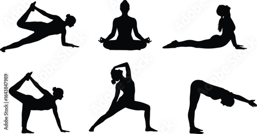 Yoga pose silhouette set for health and wellness, various positions including stretching, balance, and meditation, for fitness and relaxation.