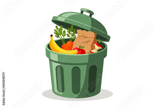 Green trash can overflowing with food waste and paper, suitable for ecofriendly, recycling, waste management, and sustainability concepts.