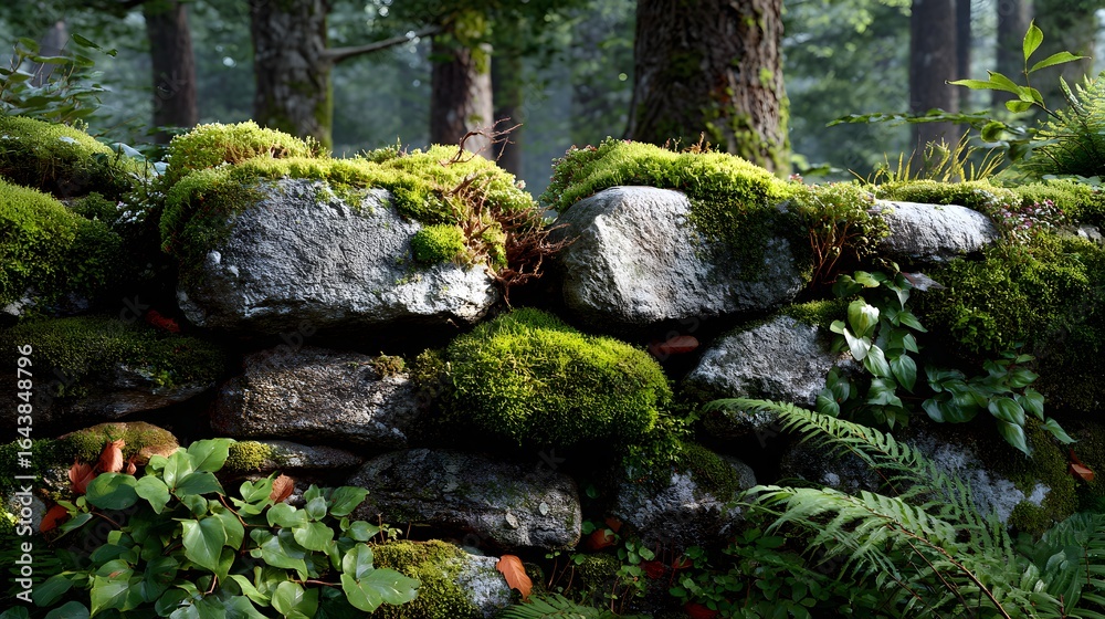 Lush Green Moss Covering Ancient Stones in a Serene Forest Environment Lush Green Moss Covering Ancient Stones in a Serene Forest Environment