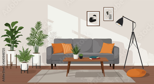 Cozy Living Room Interior with Gray Sofa Plants and Modern Art